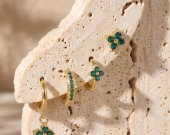 4pcs Green CZ Flower Hoop Earrings Set, 18K Gold Plated Stainless Steel Jewelry