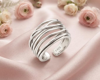 Sterling Silver Multi Layer Statement Ring, Boho Adjustable Band, Minimalist Jewelry