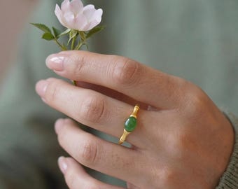 Natural Green Jade bamboo Ring,Adjustable Unisex Jewelry