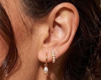 Gold Plated Pearl Hoop Earrings, Imitation Pearl Dangle Set (2 Pairs)