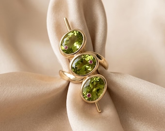 Green Zirconia Gold Tone Geometric Ring, Adjustable Oval Stone Jewelry