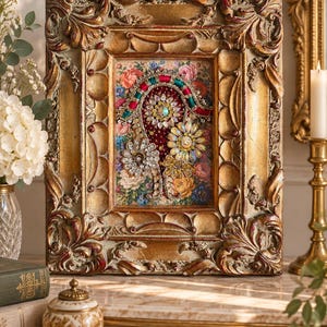 May include: A rectangular gold-toned ornate frame containing a collage of floral patterns and layered embellishments. The center features a dark red fabric shape adorned with iridescent crystals, metallic threads, and colorful fabric ribbons.