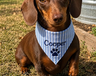 Personalised Embroidered Cotton-Linen Dog Bandana with Name, Custom Pet Name Bandana, Striped Puppy Scarf with Name, Dog Lover Keepsake Gift