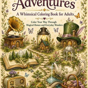 May include: A coloring book titled Cozy Life Adventures featuring illustrations of miniature homes inside objects like a gramophone, a teapot, a radio, and a basket. The cover includes text, butterflies, and floral vines on a cream background.