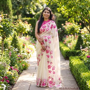 Hand Painted Floral Cotton Saree, White Floral Saree, Indian Traditional Saree, Block Print Saree, Wedding Party Wear Gift for Women