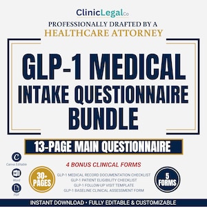 Könnte beinhalten: Ein GLP-1 medizinischer Aufnahmefragebogen-Bundle mit einem 13-seitigen Hauptfragebogen und 4 klinischen Bonusformularen. Enthält eine Checkliste zur medizinischen Dokumentation, Patientenberechtigung, Vorlage für Nachuntersuchungen und ein klinisches Basisbewertungsformular. Bearbeitbar in Canva, Word und PDF.