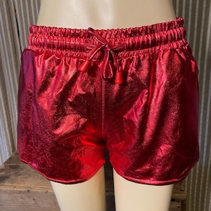 Red poly metallic shorts