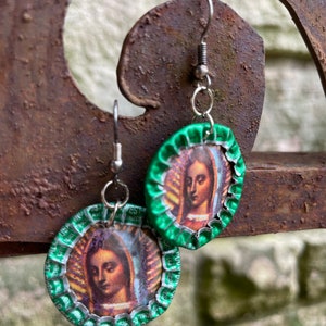 Handmade Virgen of Guadalupe bottle cap earrings