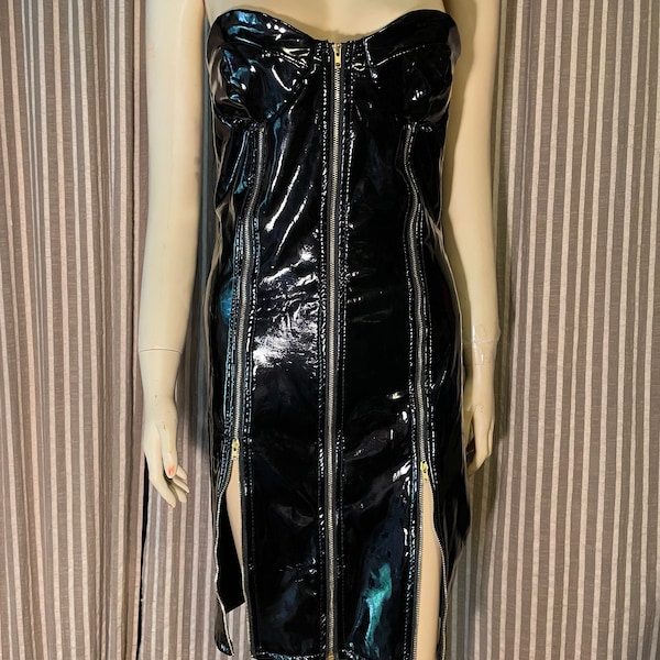 Black vinyl strapless dress with zippers