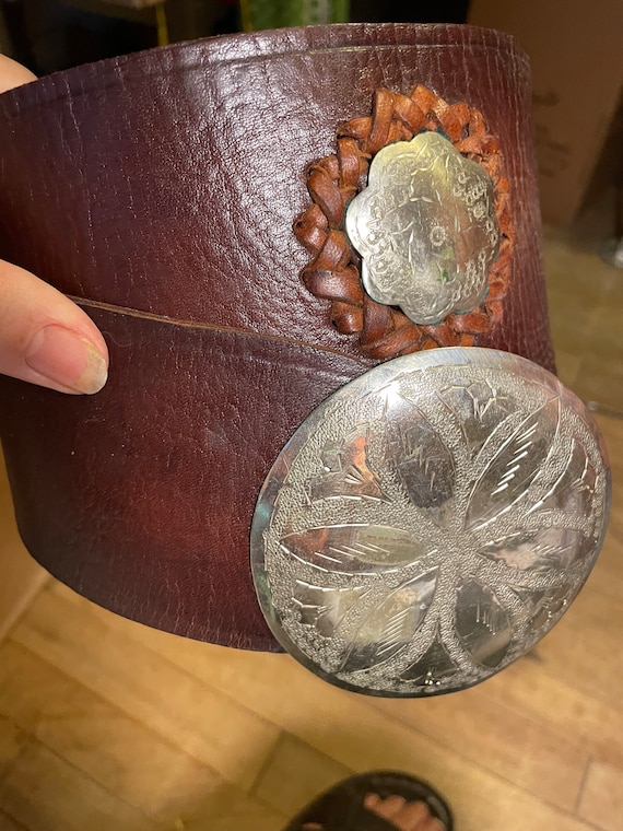 Moroccan Tooled BrownLeather Statement Belt - image 1