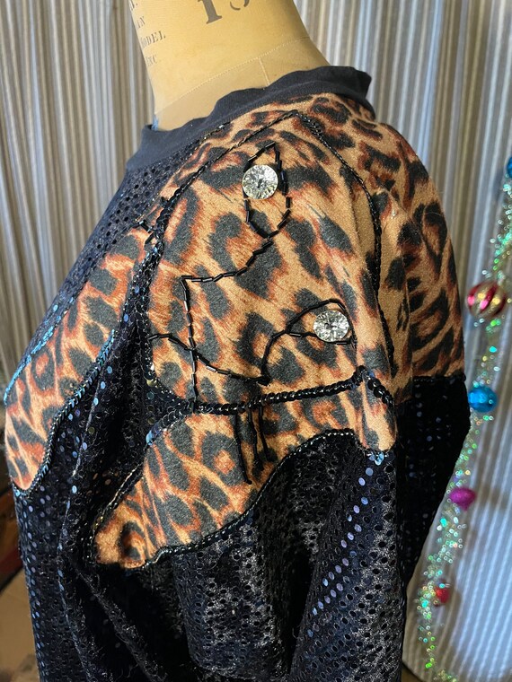 Hand made black sequin velour top with leopard ap… - image 2