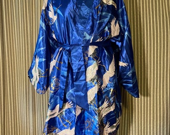 Vintage satin blue kimono style robe with white cranes
