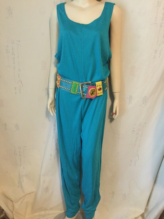 Turquoise knit 80's-90's jumpsuit.