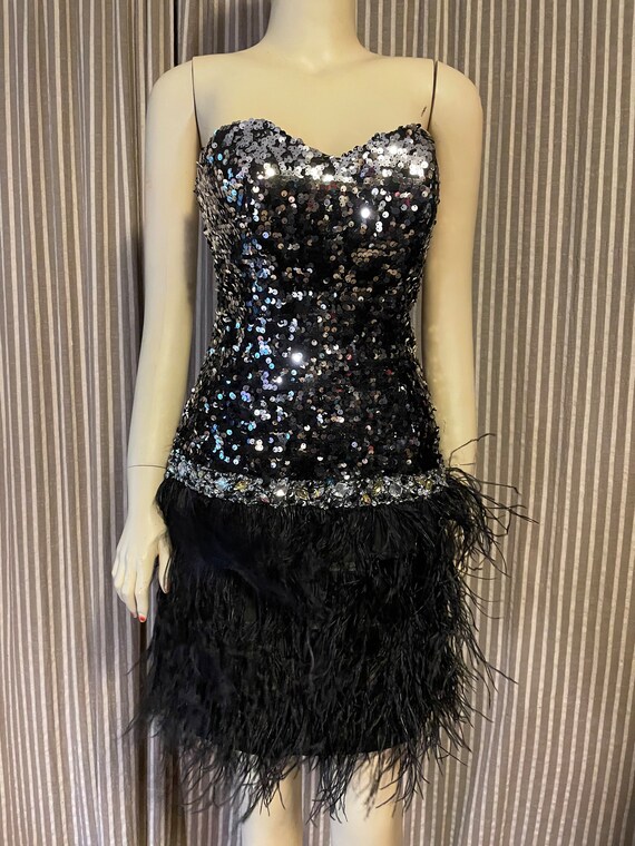 Sequin and feather strapless party dress - image 1