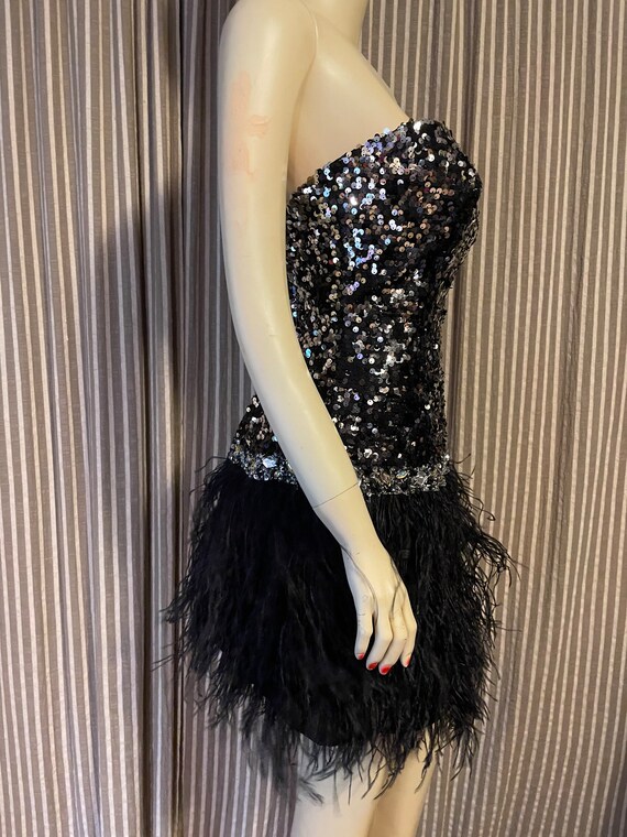 Sequin and feather strapless party dress - image 2