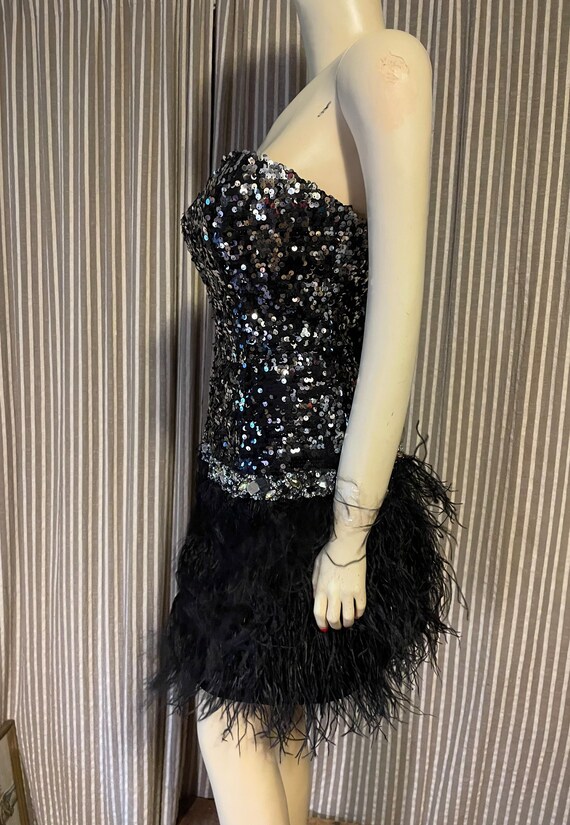 Sequin and feather strapless party dress - image 4