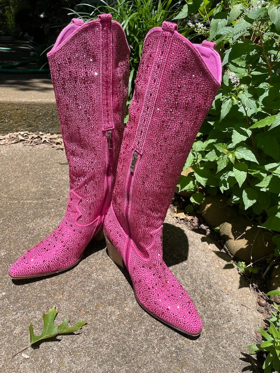 Pink rhinestone covered retro knee high boots