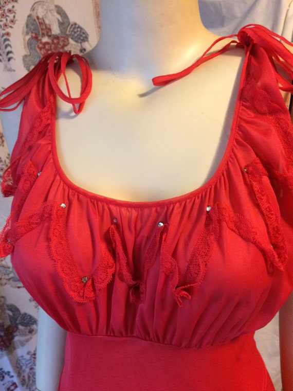 Vintage sheer red nylon long gown - image 4