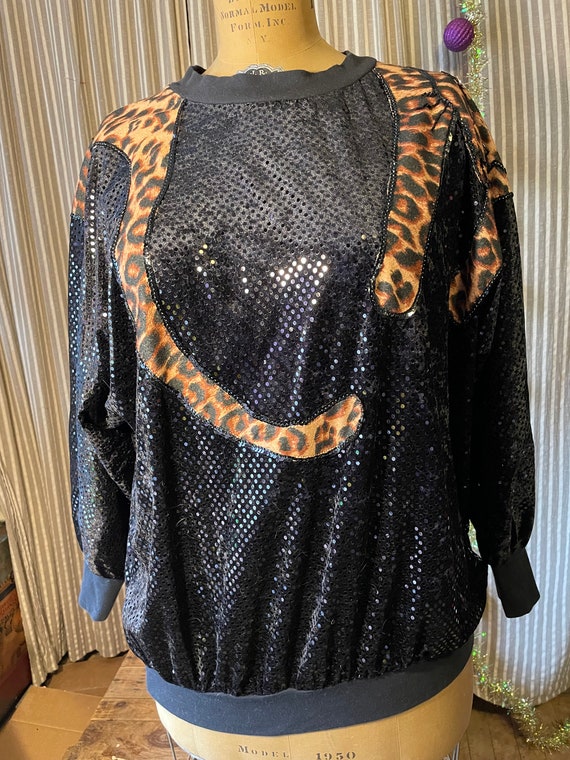 Hand made black sequin velour top with leopard ap… - image 1