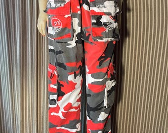 Weird and Different gray red black and white camo jeans with cargo pockets