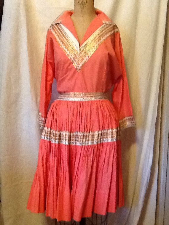 Vintage Square Dance 2 Piece Coral Cotton Dress - image 1