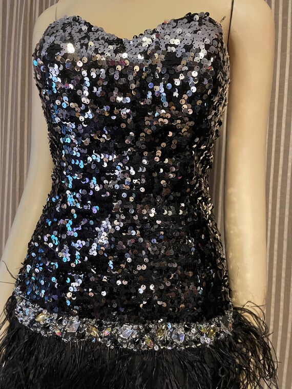 Sequin and feather strapless party dress - image 5