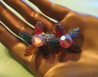 Rhinestone colorful iridescent clip flower earrings
