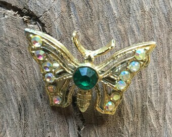 Vintage goldtone metal and rhinestone small butterfly pin