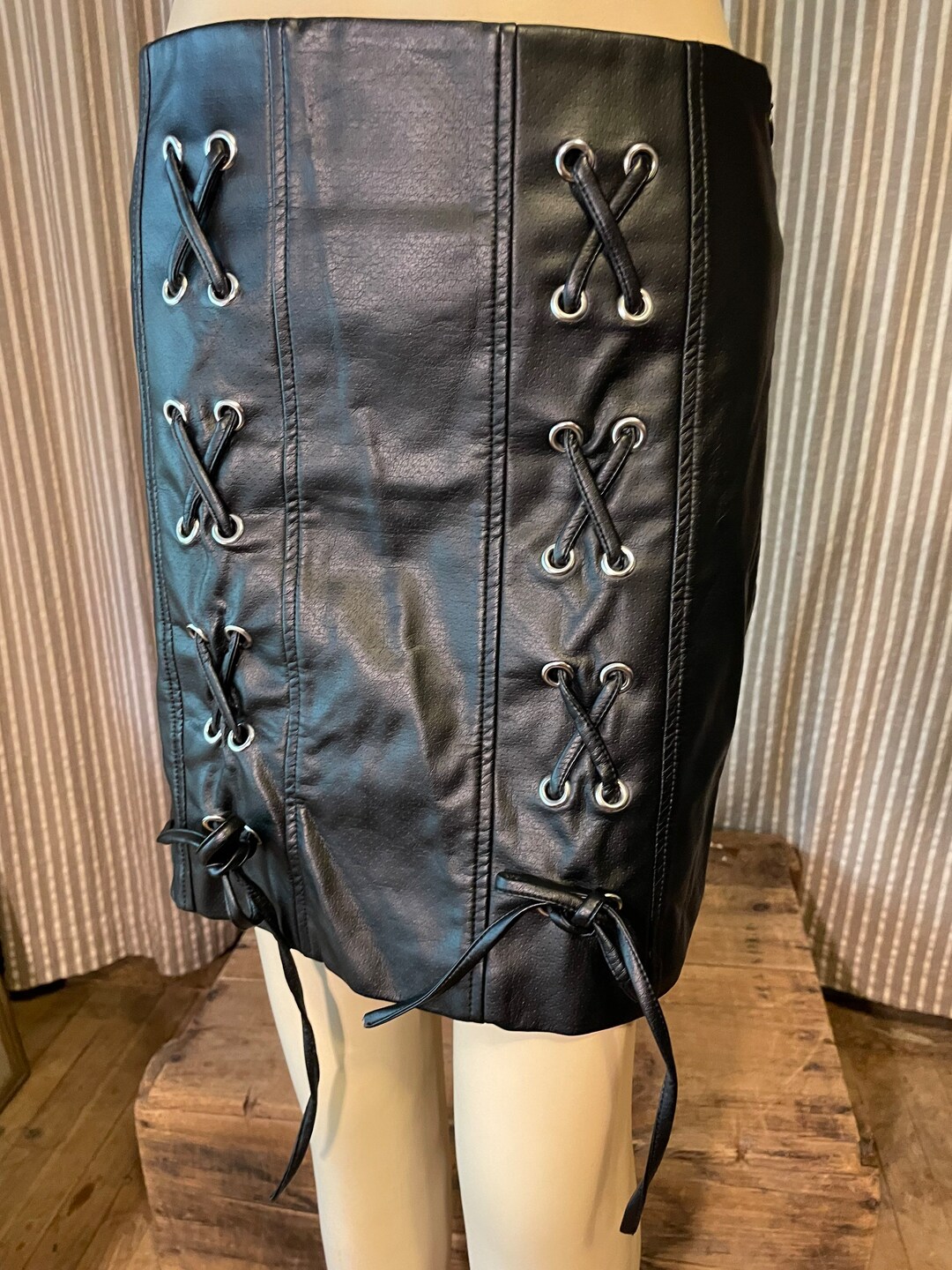 Black Faux Leather Skirt With Lacing and Grommets Etsy