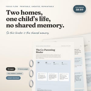 Può includere: Un raccoglitore per la co-genitorialità stampabile con 58 pagine, griglie di pianificazione non datate, un registro di consegna e tracciamento delle spese. Il documento include il testo Two homes, one child's life, no shared memory.