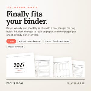 2027 Planner Inserts A5 | Dated Weekly Monthly Refill, Personal, Pocket, Half Letter, Classic, A4 | Printable Planner Pages