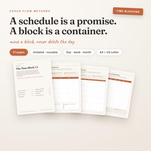 Pode incluir: Um kit de planejador digital intitulado The Time Block Kit com 51 páginas, contendo modelos reutilizáveis sem data para planejamento diário, semanal e mensal nos tamanhos A4 e US Letter, com texto em marrom escuro e detalhes em laranja.