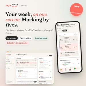 May include: A digital teacher planner interface titled Focus Flow Teach, displayed on a desktop screen and a smartphone. The layout features task lists, lesson schedules, and marking reminders with text including Your week, on one screen.