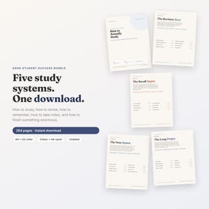 May include: A digital ADHD student success bundle featuring five study systems in one download. The document includes 264 pages with sections titled How to Actually Study, The Revision Reset, The Recall Engine, The Note System, and The Long Project. It is available in A4 and US Letter sizes with color and ink-saver options.