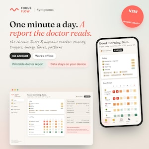 Chronic Illness Symptom Tracker App | Migraine Diary, Trigger Patterns, Energy & Sleep Log, Flare Mode, Printable Doctor Report | Offline