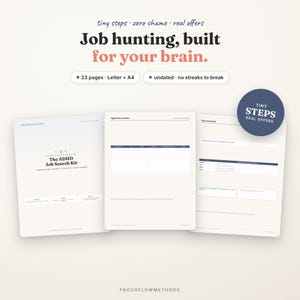 May include: A digital job search kit with 23 pages in Letter and A4 sizes. The document features text including 'tiny steps zero shame real offers', 'Job hunting, built for your brain', 'The ADHD Job Search Kit', 'Application tracker', and 'The story bank'.