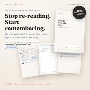 May include: The ADHD Study Skills Workbook, a 58-page digital guide with 10 methods and 16 session recipes. The cover features the text Stop re-reading. Start remembering. and 2026 Back-to-School Edition. Includes A4 and US Letter size formats.