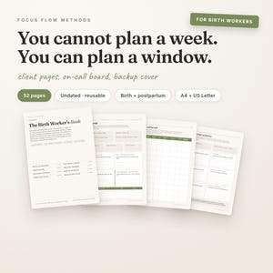 May include: A digital planner for birth workers titled The Birth Worker's Book, featuring 52 undated, reusable pages for client management, on-call boards, and backup cover. The layout includes sections for birth and postpartum planning in A4 and US Letter sizes.