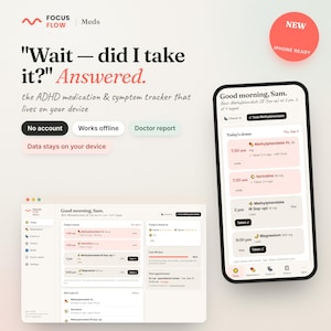 May include: A digital interface for the Focus Flow Meds ADHD medication and symptom tracker displayed on a smartphone and a desktop screen. The screens show medication schedules, check-in logs, and appointment reminders with text labels.