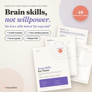 以下が含まれることがあります： Brain Skills for Teensと題されたティーン向けのデジタル実行機能プランナー。保護者向けガイド、9つのスキルモジュール、週間プランナーを含む48ページ構成。紫とコーラルカラーのアクセントが施された入力可能なPDF形式のドキュメント。