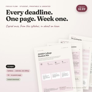 Op de afbeelding: Een printbare ADHD-studentenkit van 52 pagina's met een strakke lay-out, zwarte tekst op een witte en zachtroze achtergrond. Het document bevat secties voor deadlines, een paklijst en syllabus-organisatie voor academische planning.