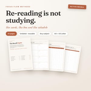 Könnte beinhalten: Ein 51-seitiges digitales Lernplaner-Set mit dem Text Focus Flow Methods, Active Recall und Re-reading is not studying. Es enthält undatierte, wiederverwendbare Vorlagen für jedes Fach in den Formaten A4 und US Letter mit Raster.
