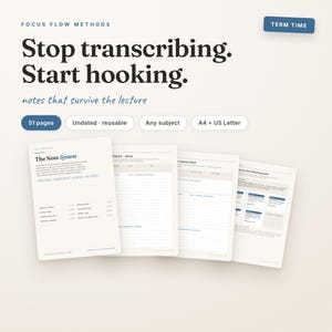 Può includere: Un sistema di appunti digitale intitolato Focus Flow Methods con il testo Stop transcribing. Start hooking. notes that survive the lecture. Include 51 pagine non datate, riutilizzabili, per qualsiasi materia, in formato A4 e US Letter.
