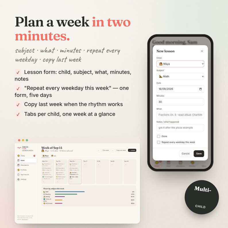 Homeschool Planner App | Weekly Lesson Plan per Child, Attendance ...