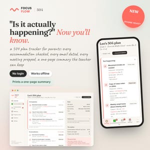 Könnte beinhalten: Ein digitaler 504-Plan-Tracker für Eltern namens Focus Flow, dargestellt auf einem Smartphone und einer Desktop-Oberfläche. Der Bildschirm zeigt Aufgabenlisten, Unterkunftsverfolgung und Besprechungszusammenfassungen mit Text wie Is it actually happening? Now you'll know.