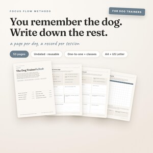 May include: A digital planner for dog trainers titled The Dog Trainer's Book, featuring 53 undated, reusable pages in A4 and US Letter sizes. The layout includes sections for session records, owner details, and training grids for one-to-one or class use.
