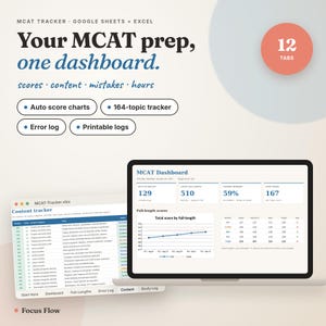 Peut inclure: Un outil de suivi MCAT numérique pour Google Sheets et Excel avec un tableau de bord de 12 onglets, des graphiques de scores automatiques, un suivi de 164 sujets, un journal d'erreurs et des journaux imprimables affichant les scores.