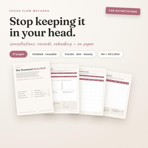 Puede incluir: Un planificador digital para esteticistas titulado Focus Flow Methods, Stop keeping it in your head. El conjunto incluye 51 páginas para consultas, registros y reservas, disponible en tamaños A4 y US Letter. Incluye plantillas sin fecha y reutilizables para tratamientos faciales, de piel y belleza con varias hojas de seguimiento.