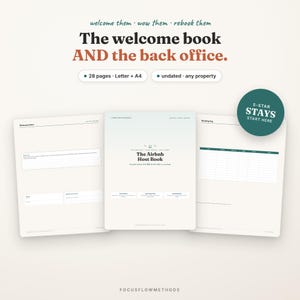 May include: A digital host planner set featuring three pages: a welcome letter, a central Airbnb Host Book cover, and a booking log. The text includes 'The welcome book AND the back office', '28 pages', 'Letter + A4', and '5-STAR STAYS START HERE'.