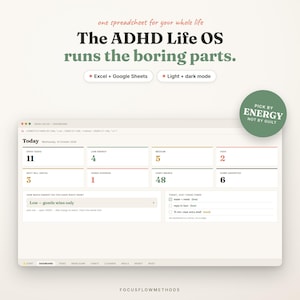 May include: A digital dashboard interface titled The ADHD Life OS, featuring sections for open tasks, energy levels, bills, and habits. The layout includes text labels like Excel + Google Sheets, Light + dark mode, and a green circle with Pick by energy not by guilt.
